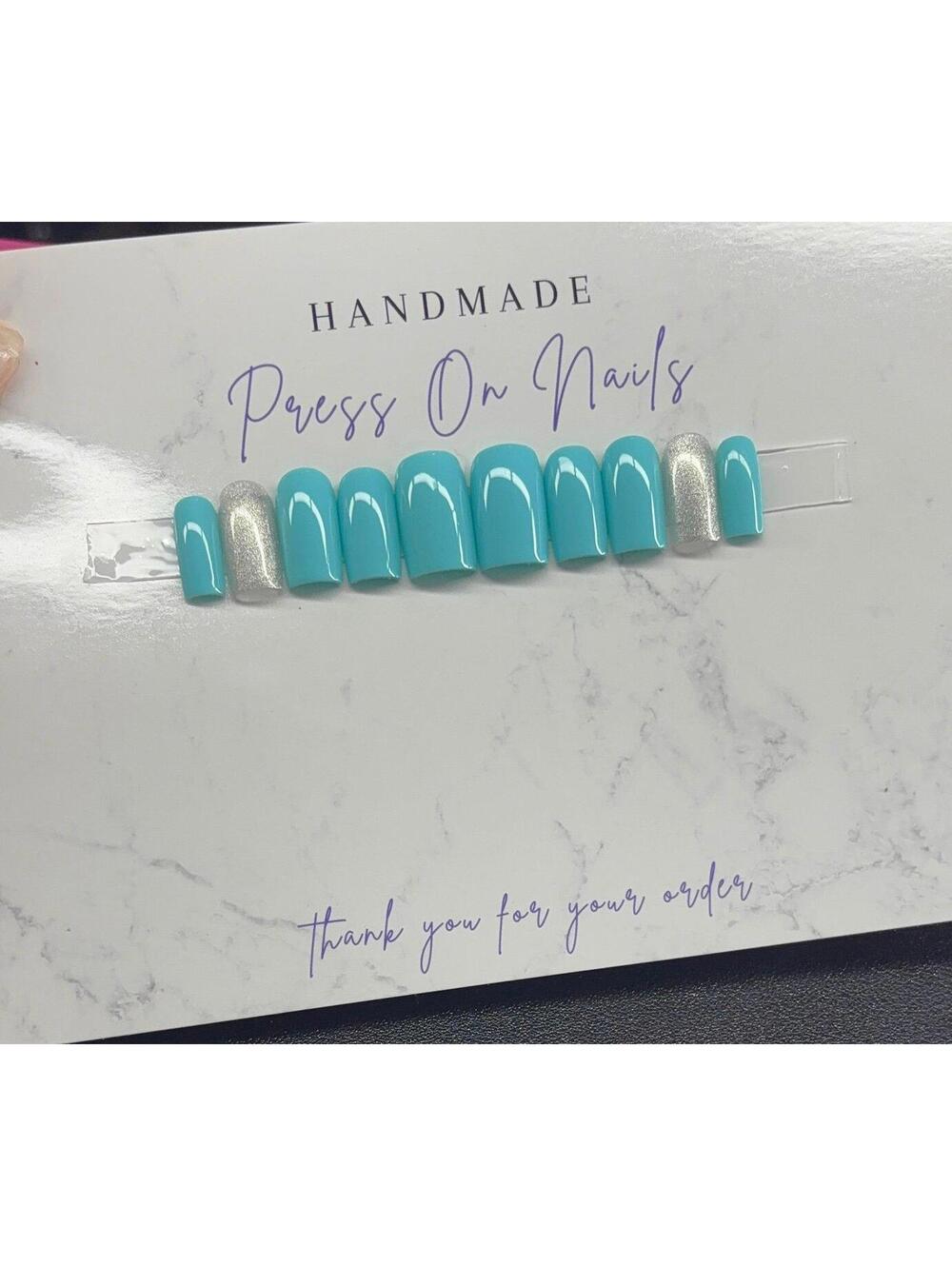 Short square Press on nails silver glitter teal light blue handmade custom gel - Picture 2 of 8